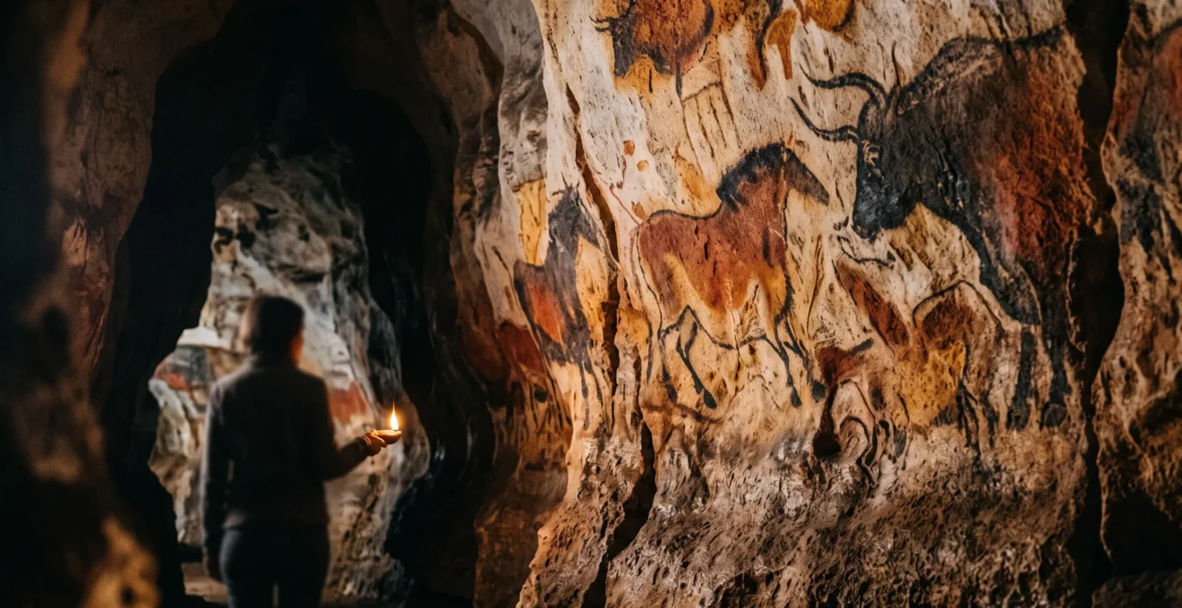 Paroi ornee d'une grotte prehistorique evoquant l'art parietal de Lascaux et la pensee symbolique des premiers hommes