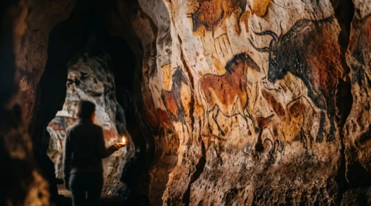 Paroi ornee d'une grotte prehistorique evoquant l'art parietal de Lascaux et la pensee symbolique des premiers hommes