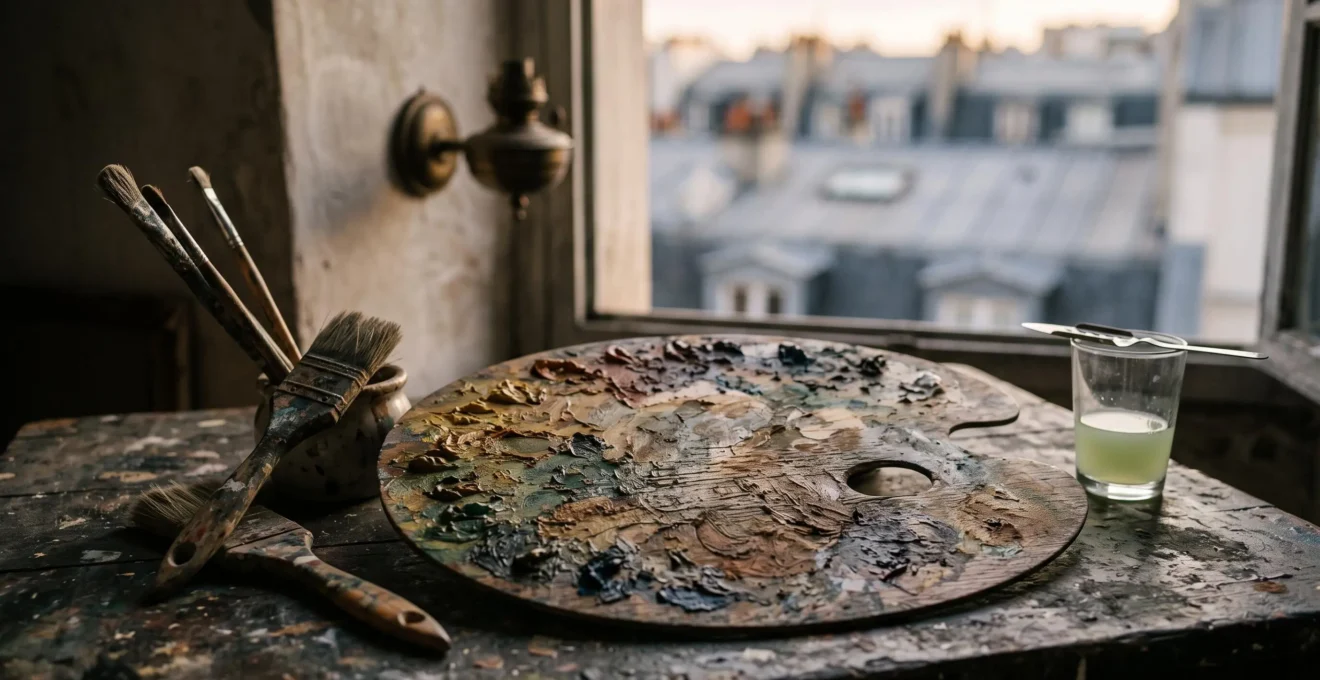 Palette de peintre usée et pinceaux abandonnés dans un atelier parisien baigné de lumière dorée, symbole des artistes révolutionnaires méconnus de leur vivant