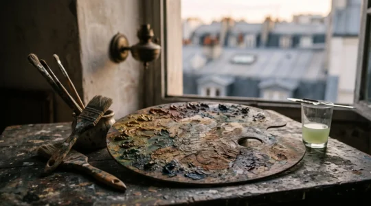 Palette de peintre usée et pinceaux abandonnés dans un atelier parisien baigné de lumière dorée, symbole des artistes révolutionnaires méconnus de leur vivant