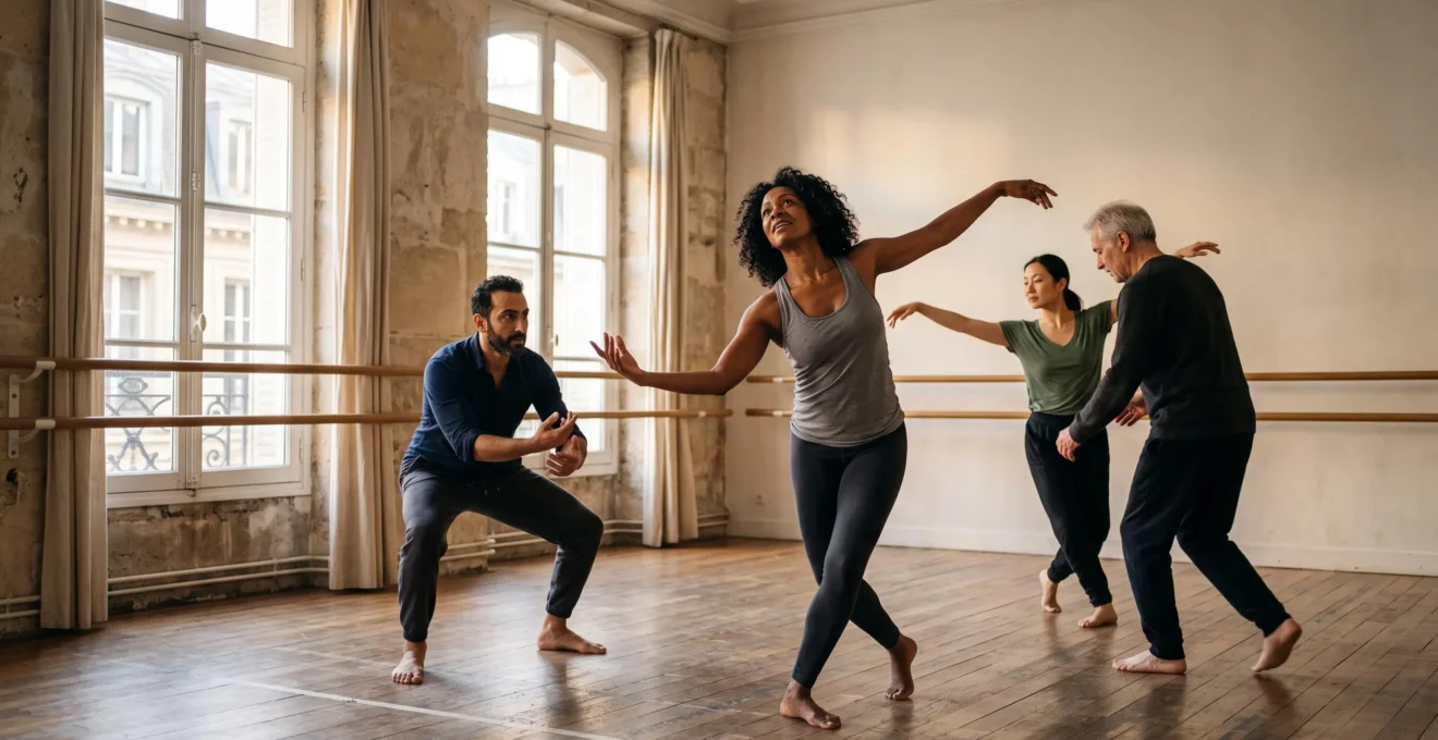 Groupe d'adultes débutants en plein exercice de danse-théâtre dans un studio lumineux, exprimant librement des émotions par le mouvement
