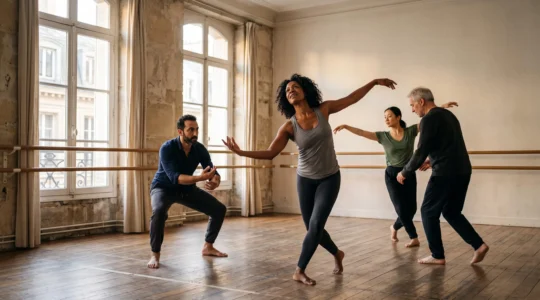 Groupe d'adultes débutants en plein exercice de danse-théâtre dans un studio lumineux, exprimant librement des émotions par le mouvement