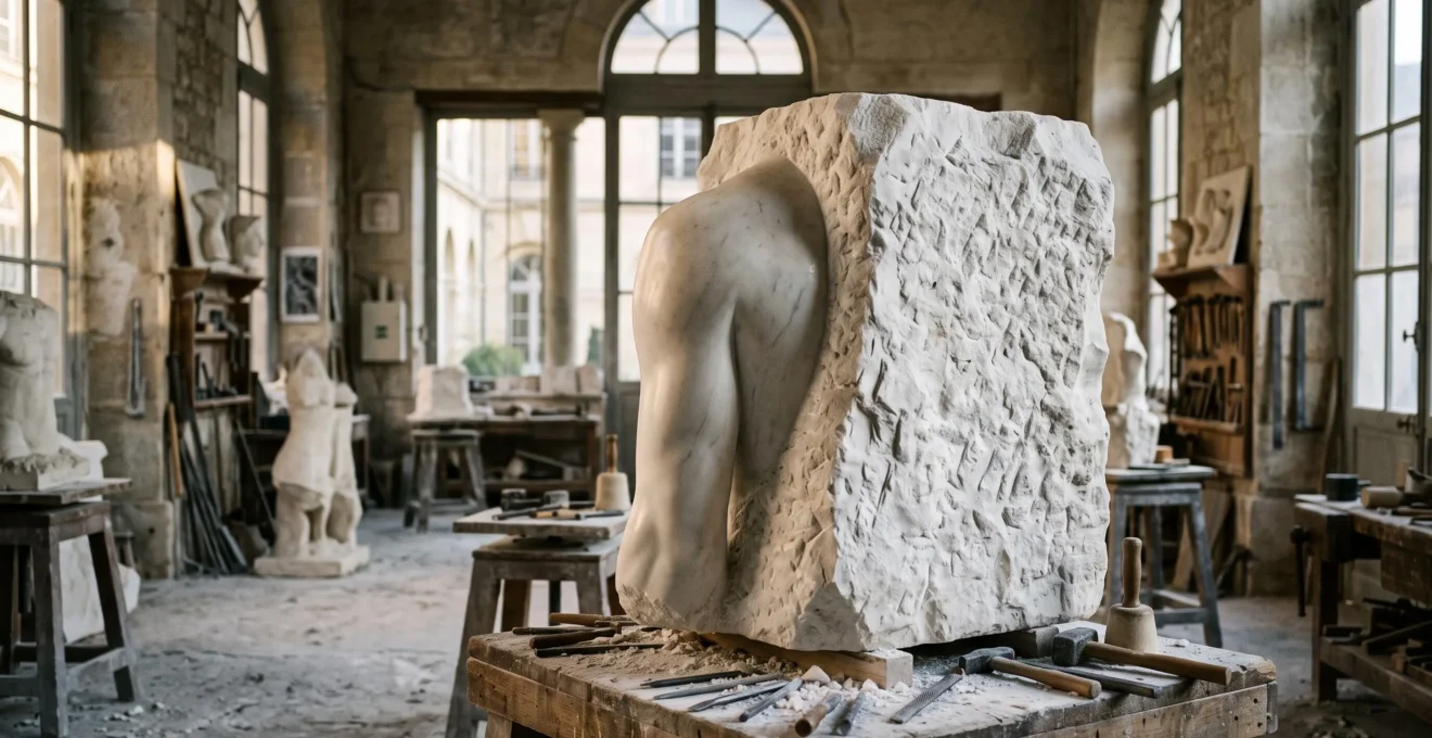 Bloc de marbre de Carrare partiellement sculpte, revelant une forme humaine emergeant de la pierre brute, dans un atelier baigne de lumiere naturelle