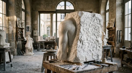 Bloc de marbre de Carrare partiellement sculpte, revelant une forme humaine emergeant de la pierre brute, dans un atelier baigne de lumiere naturelle