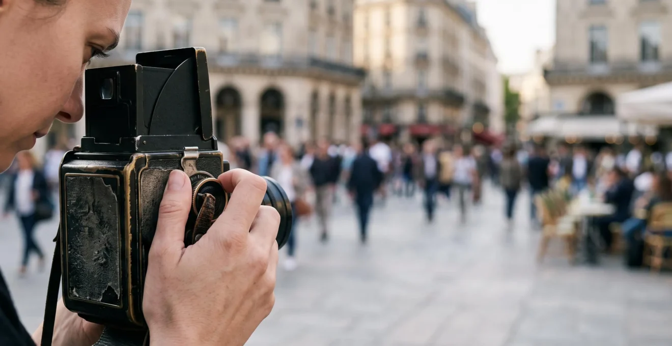 Photographe de presse ajustant le cadrage de son appareil photo lors d'un evenement, symbolisant le choix editorial qui influence la perception du public