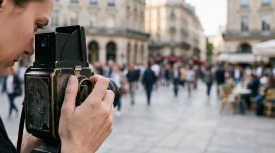 Photographe de presse ajustant le cadrage de son appareil photo lors d'un evenement, symbolisant le choix editorial qui influence la perception du public