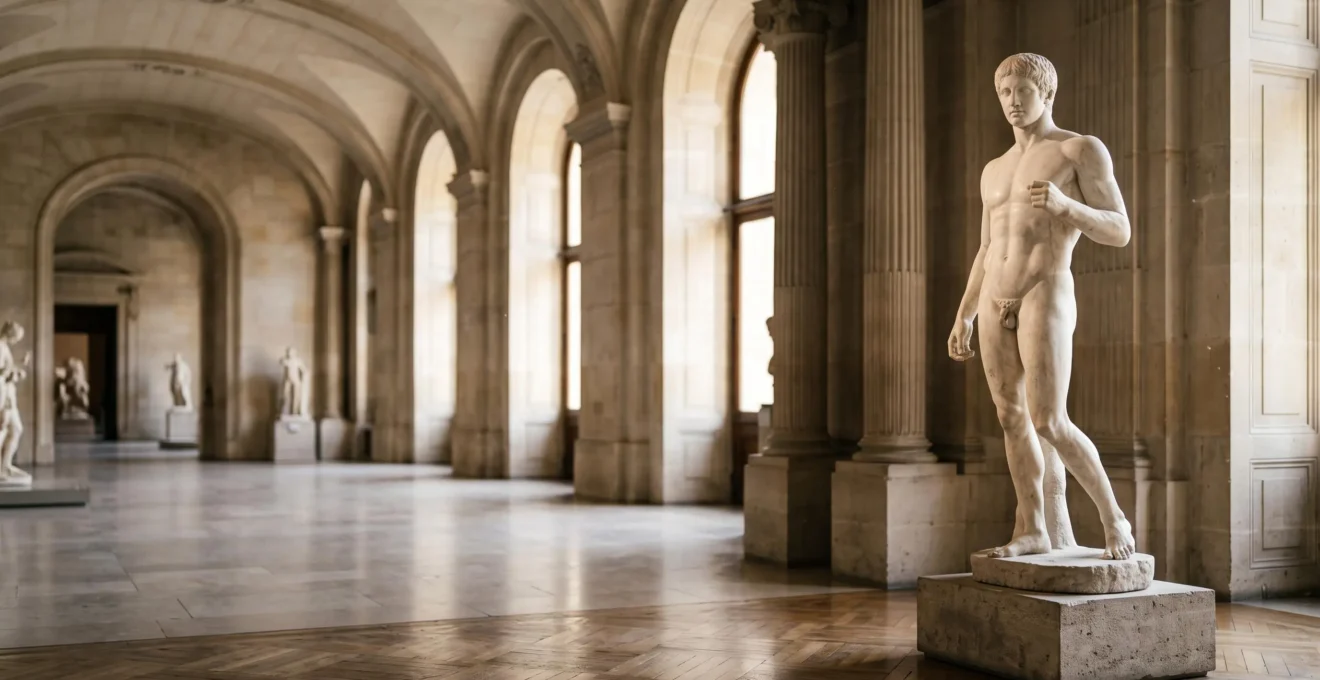 Statue antique grecque inspirée du Doryphore éclairée dans une galerie de sculpture néoclassique à la française, symbole de l'héritage du canon des proportions