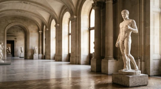 Statue antique grecque inspirée du Doryphore éclairée dans une galerie de sculpture néoclassique à la française, symbole de l'héritage du canon des proportions