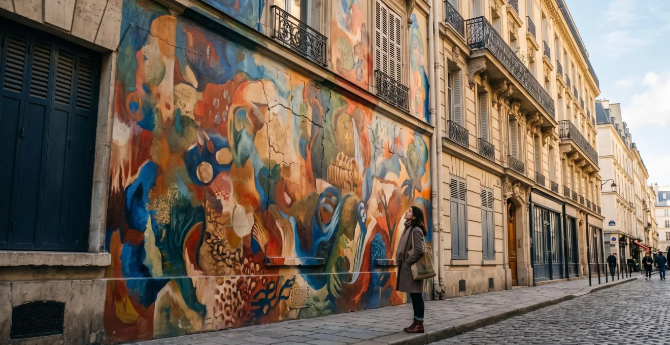 Une passante s'arrête devant une fresque murale monumentale dans une rue typique d'une ville française, transformant le quartier en galerie à ciel ouvert.