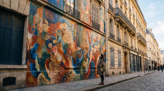 Une passante s'arrête devant une fresque murale monumentale dans une rue typique d'une ville française, transformant le quartier en galerie à ciel ouvert.