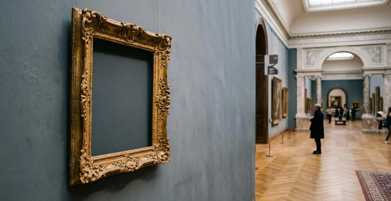 Cadre doré vide en gros plan dans une galerie de musée parisien baignée de lumière naturelle, évoquant les grands chefs-d'œuvre de la peinture occidentale