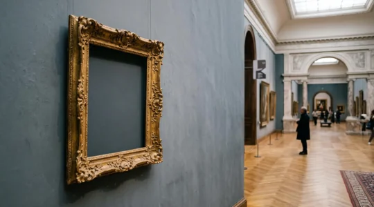 Cadre doré vide en gros plan dans une galerie de musée parisien baignée de lumière naturelle, évoquant les grands chefs-d'œuvre de la peinture occidentale