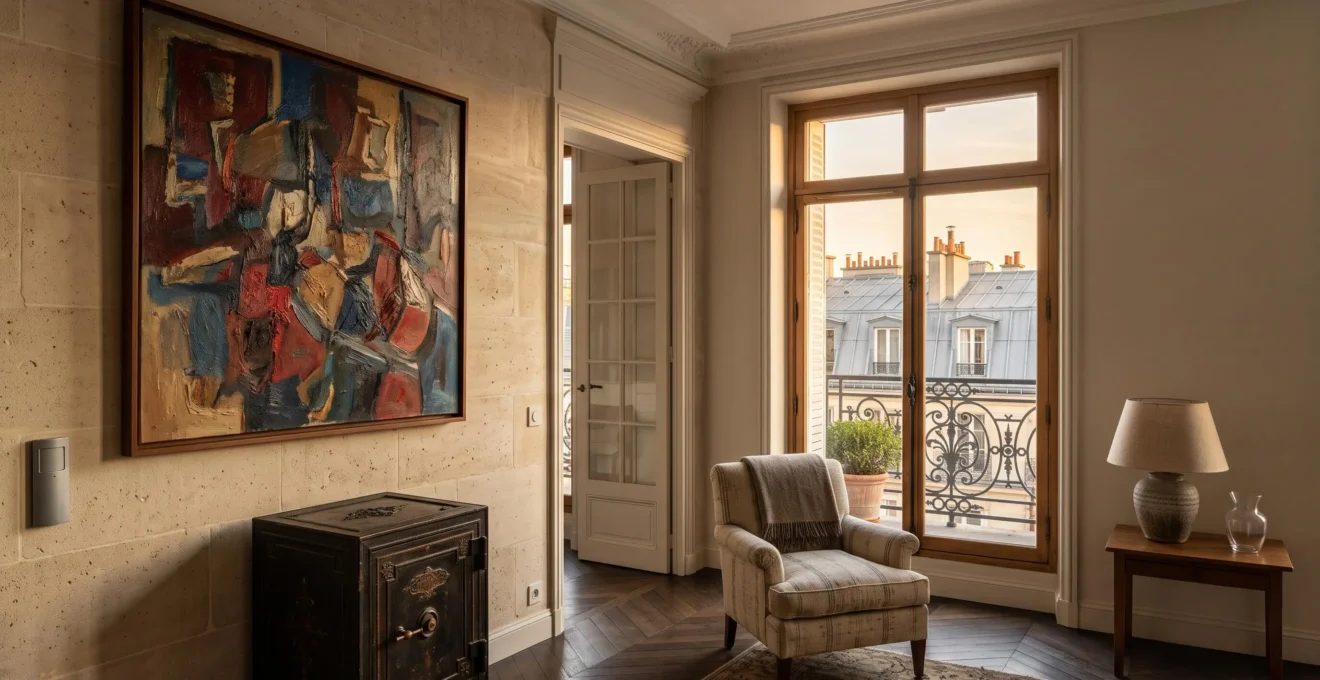 Salon parisien haussmannien avec une collection de peintures protégée par un système de sécurité discret