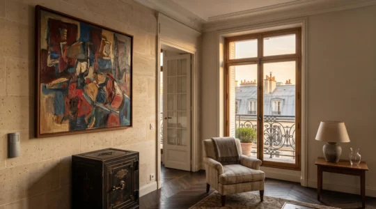 Salon parisien haussmannien avec une collection de peintures protégée par un système de sécurité discret