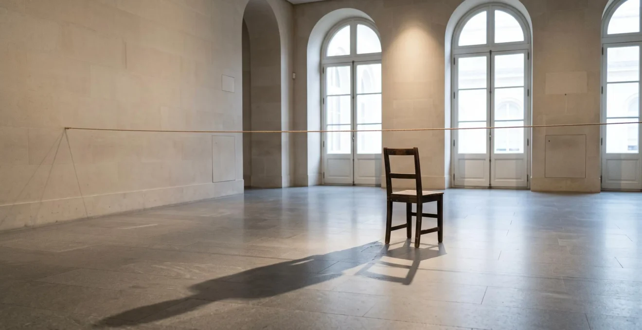 Silhouette dans une salle de musée évoquant l'endurance et le risque de la performance artistique