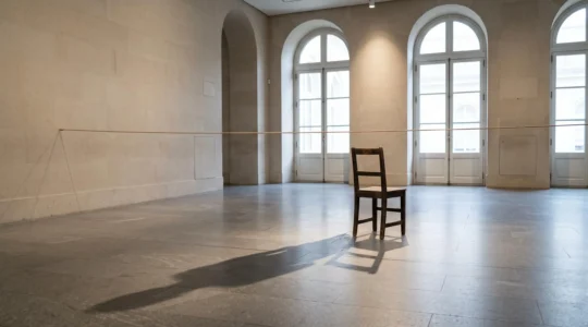 Silhouette dans une salle de musée évoquant l'endurance et le risque de la performance artistique