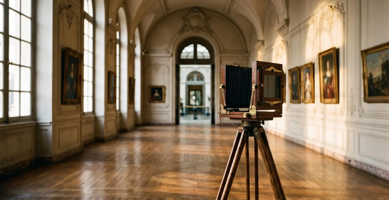 Un appareil photo ancien a soufflet place sur un trepied en bois au centre d'une galerie d'art classique baignee de lumiere doree, symbolisant la transformation de la photographie en art majeur