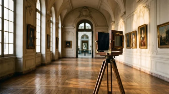 Un appareil photo ancien a soufflet place sur un trepied en bois au centre d'une galerie d'art classique baignee de lumiere doree, symbolisant la transformation de la photographie en art majeur