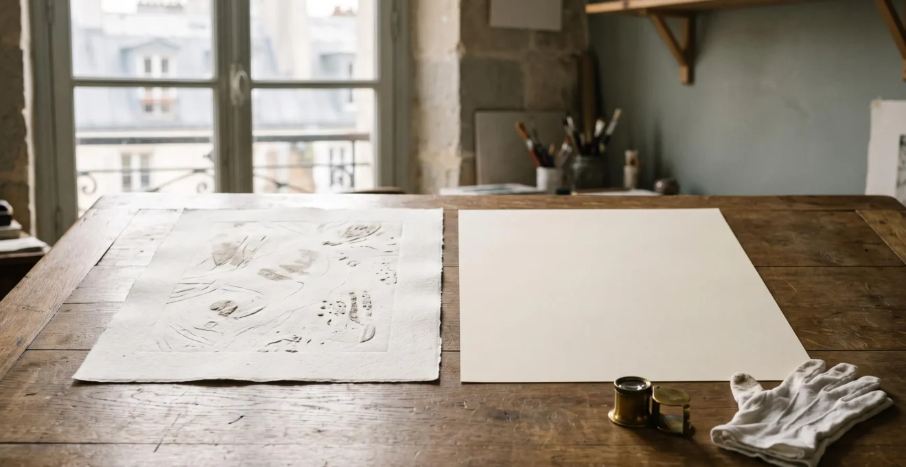 Comparaison visuelle en gros plan entre le grain d'une lithographie originale et la trame d'une reproduction imprimee, sous une lumiere douce d'atelier parisien