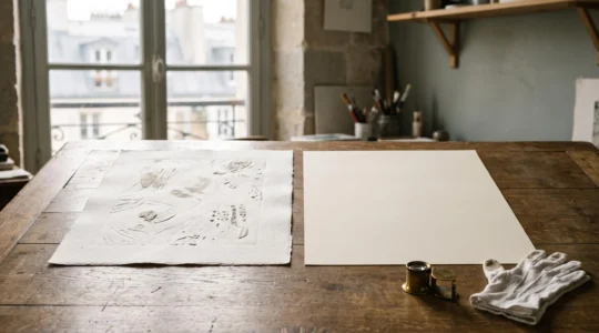 Comparaison visuelle en gros plan entre le grain d'une lithographie originale et la trame d'une reproduction imprimee, sous une lumiere douce d'atelier parisien
