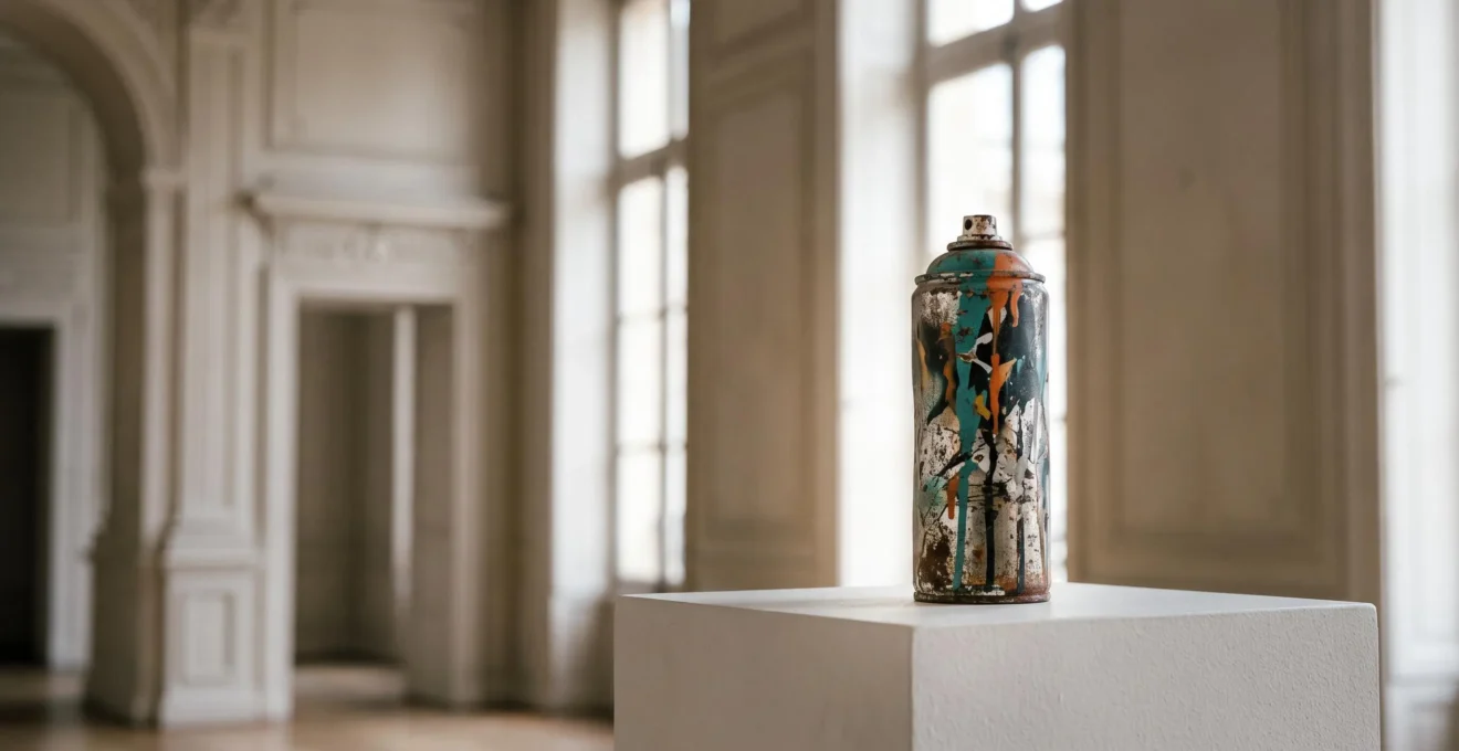 Une bombe de peinture posée sur un socle de musée, symbolisant le passage du graffiti de la rue à l'institution artistique