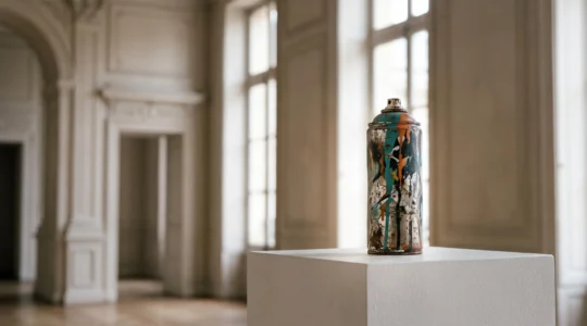 Une bombe de peinture posée sur un socle de musée, symbolisant le passage du graffiti de la rue à l'institution artistique