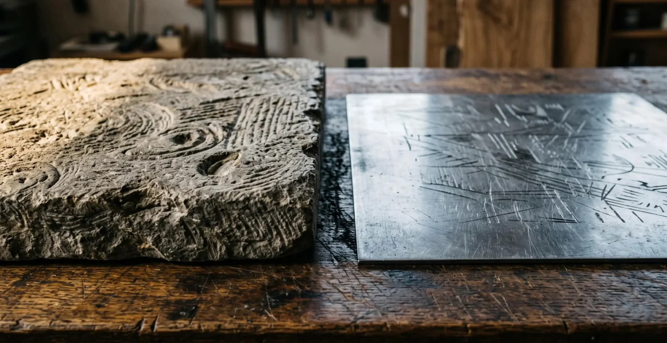 Gros plan comparant une pierre lithographique gravee et une plaque metallique, symbole de la valeur artisanale face a l'impression industrielle