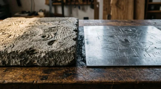 Gros plan comparant une pierre lithographique gravee et une plaque metallique, symbole de la valeur artisanale face a l'impression industrielle