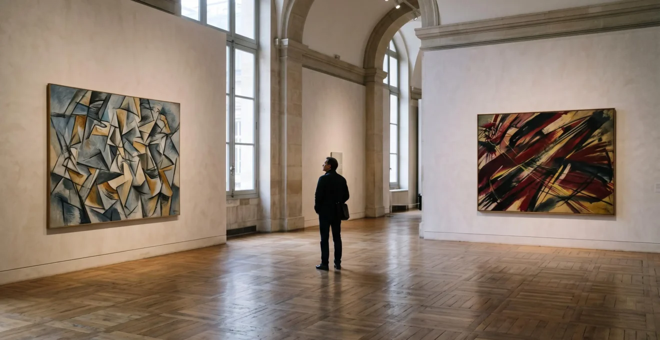 Deux toiles aux styles picturaux opposés exposées côte à côte dans une galerie de musée français, illustrant la confrontation entre cubisme et futurisme