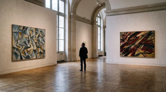 Deux toiles aux styles picturaux opposés exposées côte à côte dans une galerie de musée français, illustrant la confrontation entre cubisme et futurisme