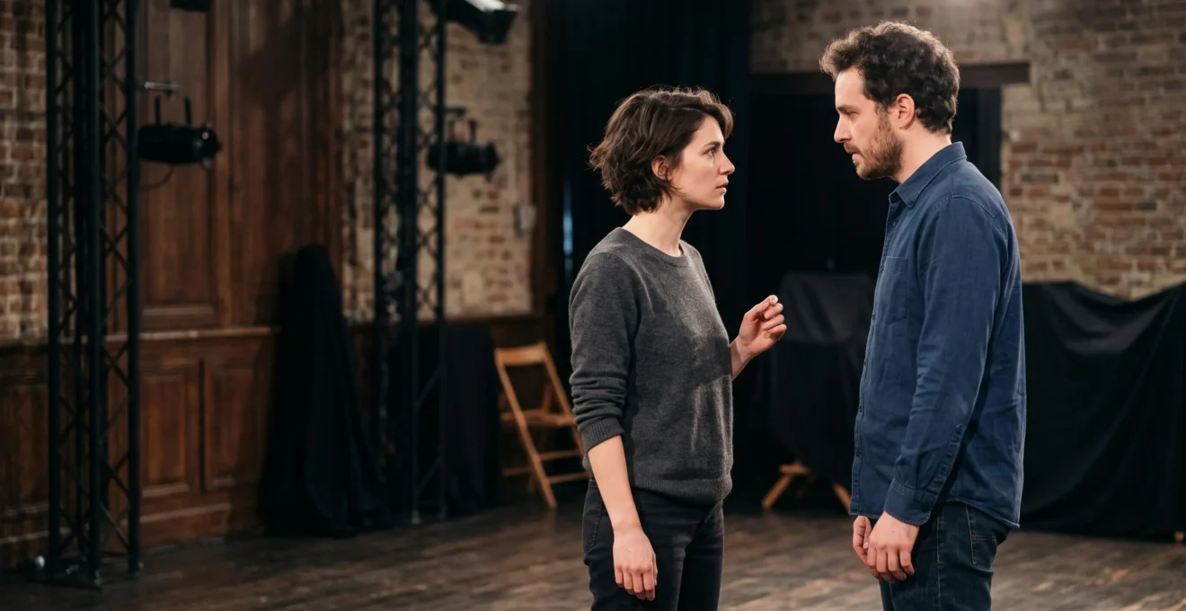 Deux comédiens sur une scène de théâtre français partageant un instant d'écoute sensorielle intense et authentique