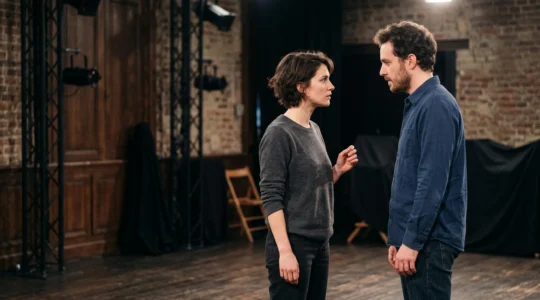 Deux comédiens sur une scène de théâtre français partageant un instant d'écoute sensorielle intense et authentique