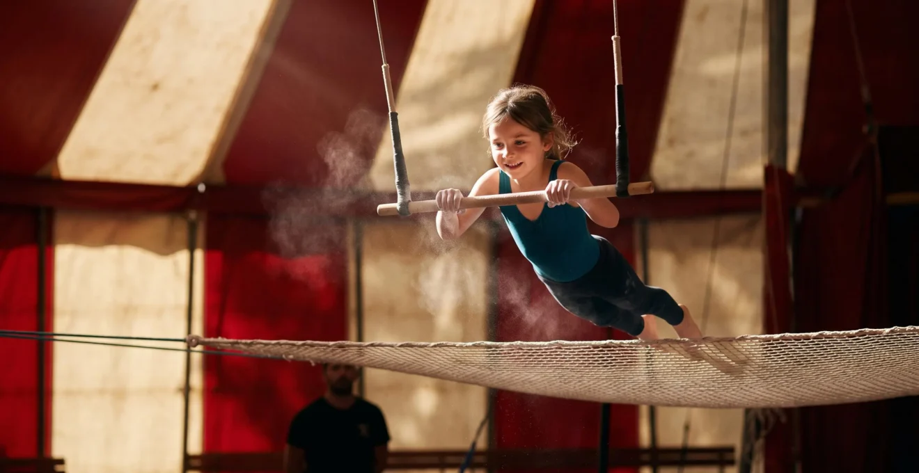 Jeune enfant suspendu a un trapeze dans un chapiteau de cirque francais, symbole de confiance en soi et de motricite