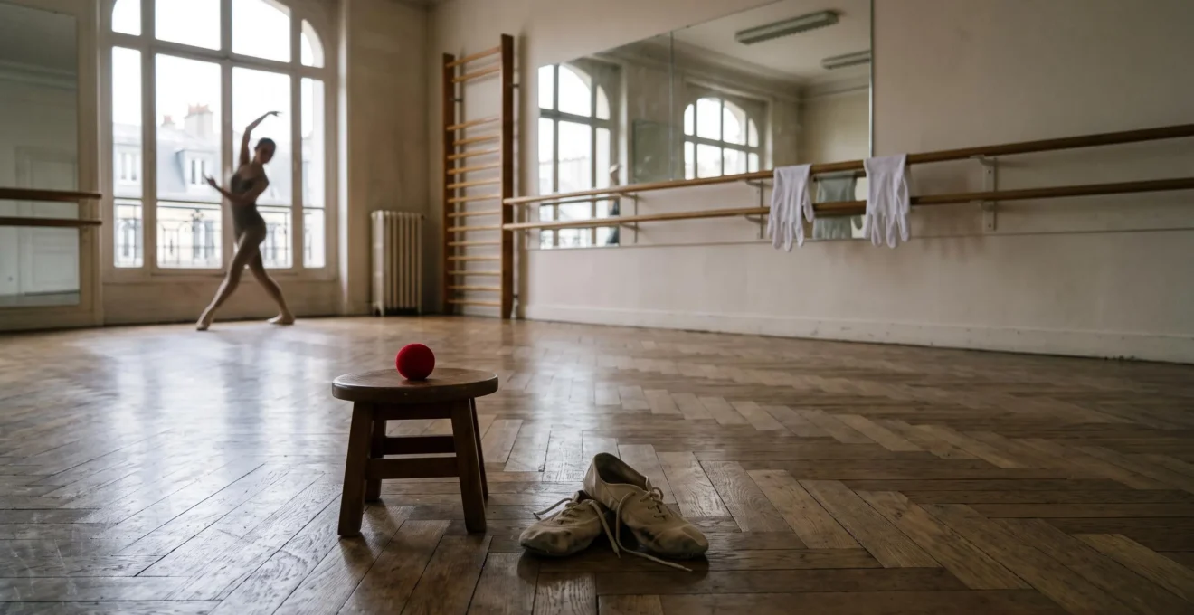 Trois accessoires symboliques du théâtre, de la danse et du mime disposés dans un studio de répétition parisien baigné de lumière naturelle