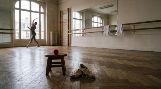 Trois accessoires symboliques du théâtre, de la danse et du mime disposés dans un studio de répétition parisien baigné de lumière naturelle