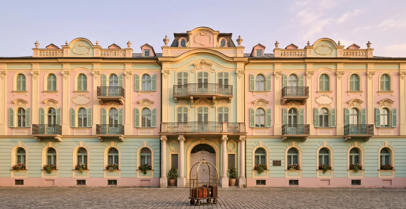 Façade symétrique aux tons pastel évoquant l'esthétique nostalgique et artificielle de Wes Anderson