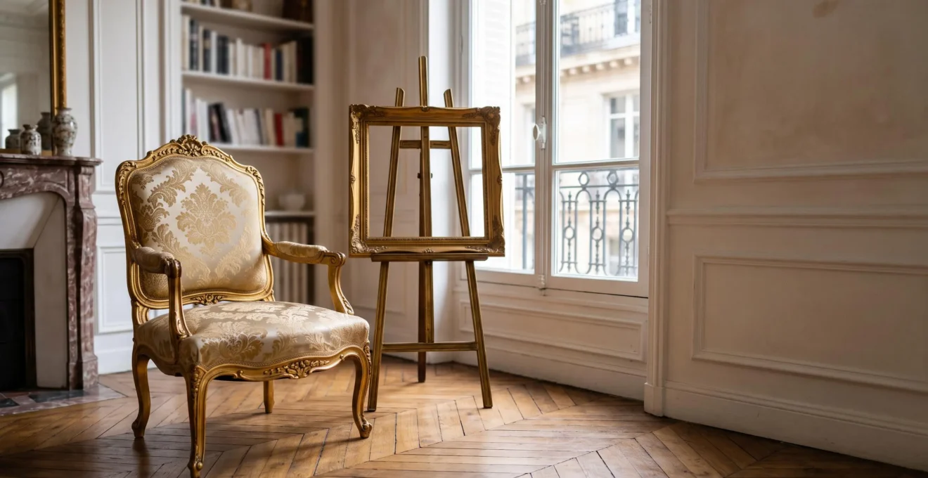 Un fauteuil Louis XV en bois doré et un cadre de tableau vierge se faisant face dans une lumière douce, symbolisant le dialogue entre artisanat et peinture