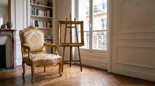 Un fauteuil Louis XV en bois doré et un cadre de tableau vierge se faisant face dans une lumière douce, symbolisant le dialogue entre artisanat et peinture