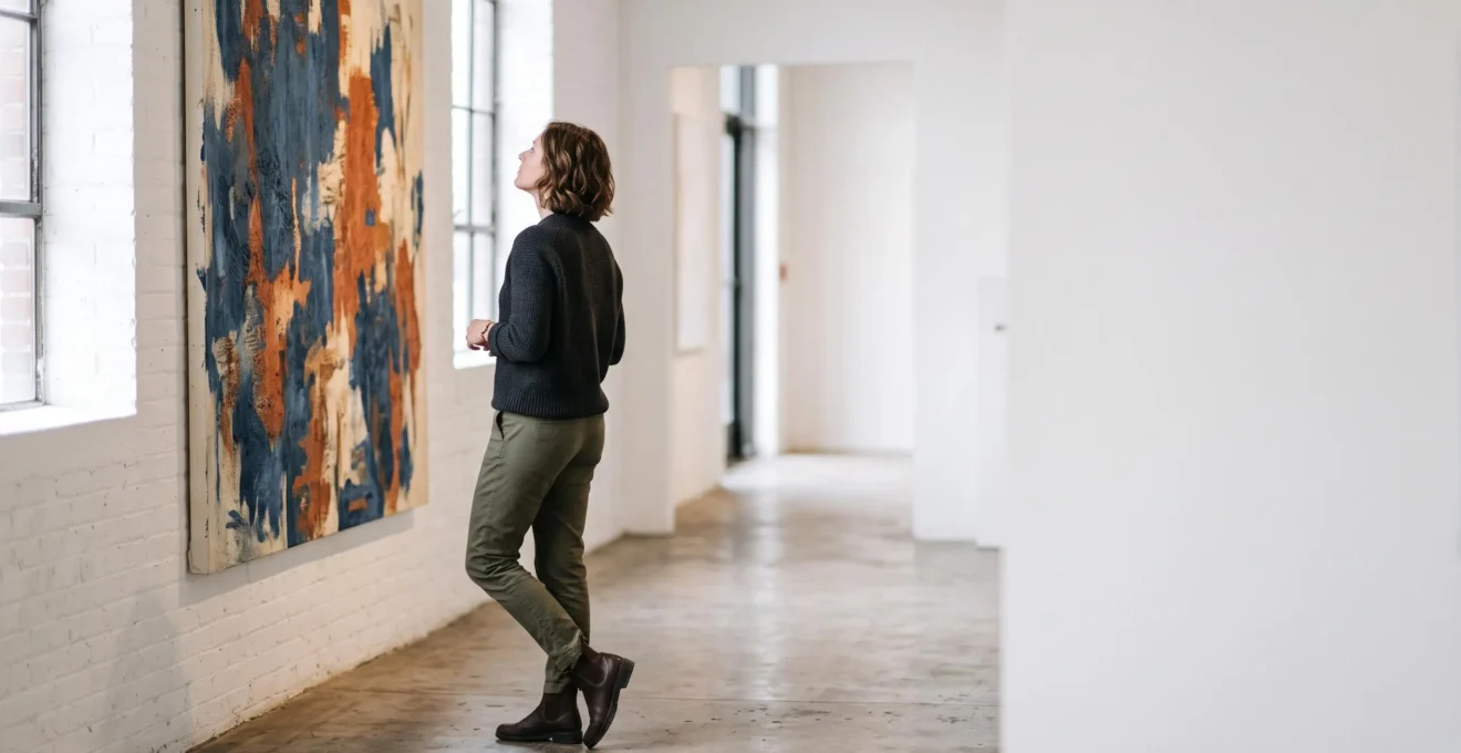 Une personne observe pensivement une œuvre dans une galerie d'art contemporain parisienne baignée de lumière naturelle