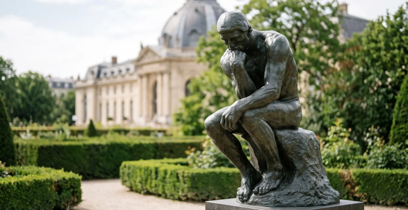 Sculpture du Penseur de Rodin dans un jardin parisien, corps musclé en tension et visage plongé dans une réflexion intense