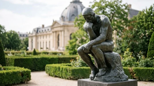 Sculpture du Penseur de Rodin dans un jardin parisien, corps musclé en tension et visage plongé dans une réflexion intense