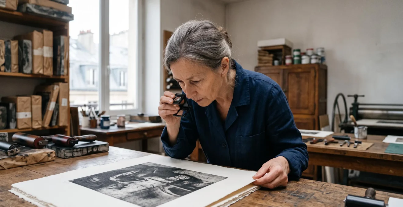 Gros plan sur une estampe examinee a la loupe par un expert dans un atelier d'impression parisien pour verifier la qualite archivale des encres.