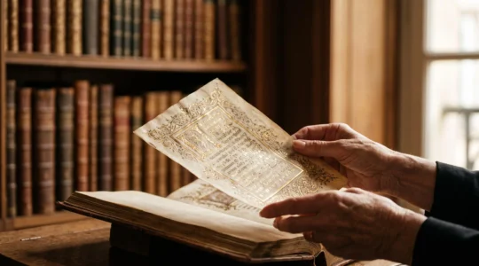 Gros plan sur une page de manuscrit médiéval enluminé tenue à la lumière naturelle, illustrant la valeur patrimoniale croissante d'une œuvre d'art ancienne