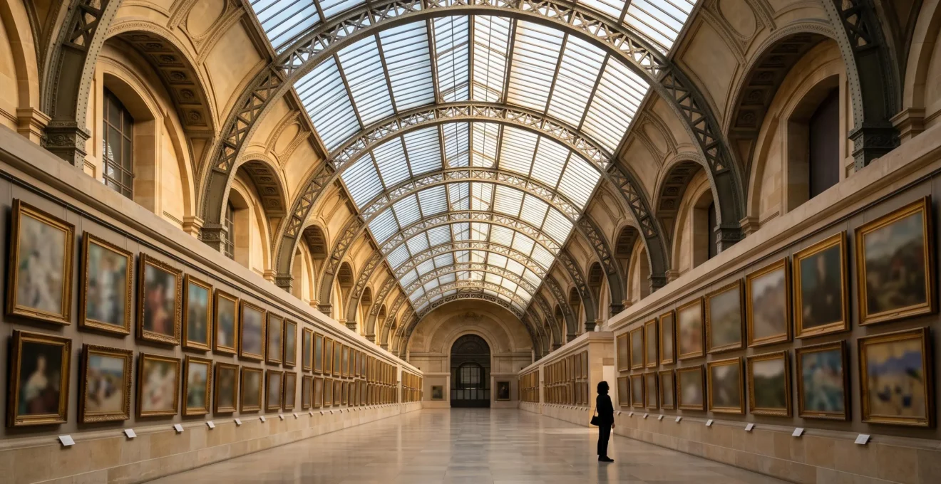 Grande verrière du musee d'Orsay illuminant les salles de la collection impressionniste avec des toiles alignees en perspective