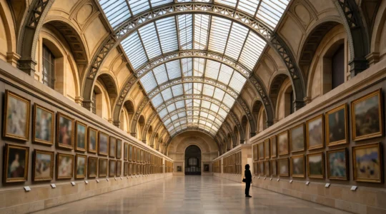 Grande verrière du musee d'Orsay illuminant les salles de la collection impressionniste avec des toiles alignees en perspective