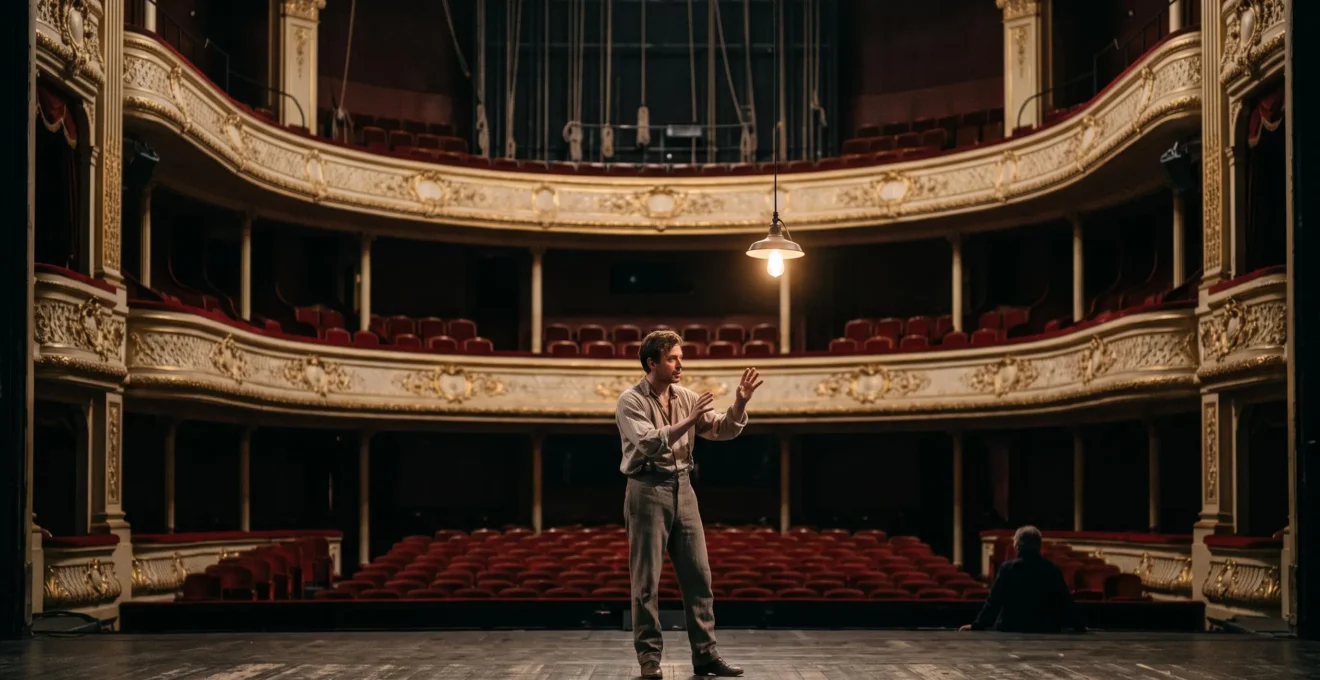 Un comédien seul sur le plateau vide de la Comédie-Française, éclairé par une lumière de travail avant une répétition