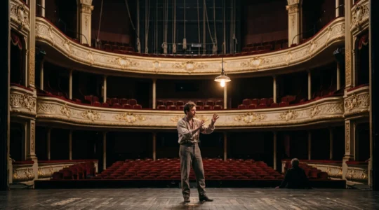 Un comédien seul sur le plateau vide de la Comédie-Française, éclairé par une lumière de travail avant une répétition