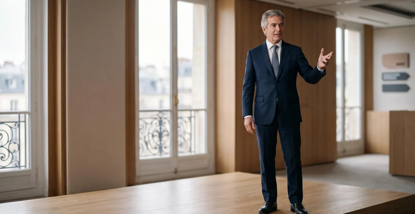 Un orateur professionnel exprimant une présence scénique assurée, inspirée des techniques de l'acteur, dans un cadre corporate épuré à la française