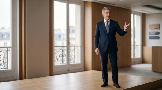 Un orateur professionnel exprimant une présence scénique assurée, inspirée des techniques de l'acteur, dans un cadre corporate épuré à la française