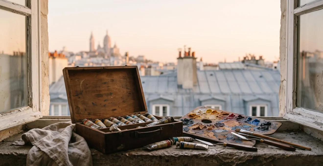 Tubes de peinture métalliques et pinceaux posés sur un rebord de fenêtre parisien baigné de lumière naturelle, évoquant la naissance de la peinture en plein air.